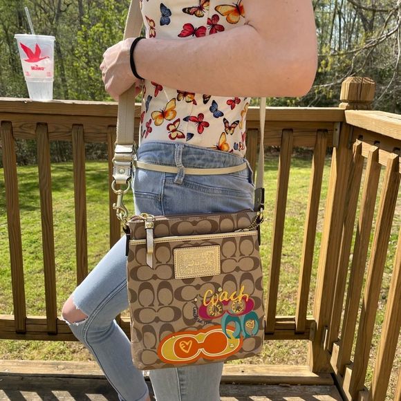 Coach Handbags - COACH tan/gold signature decorated crossbody bag